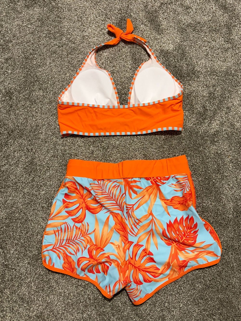 Bright Orange Halter Bikini Top with Tropical Print Shorts - Picture 3 of 8